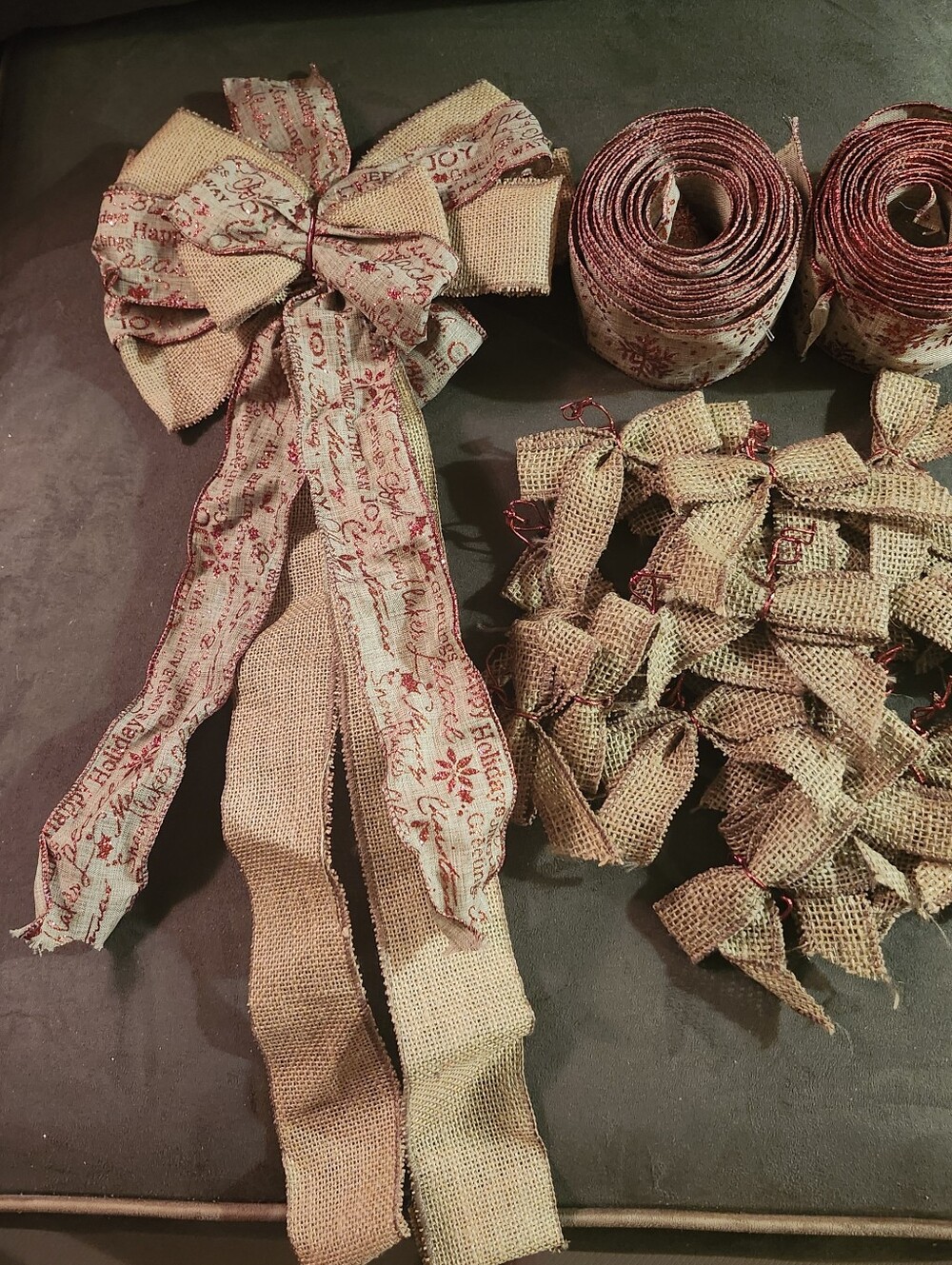 Burlap Holiday Ribbon and Bow Set with Red Accent